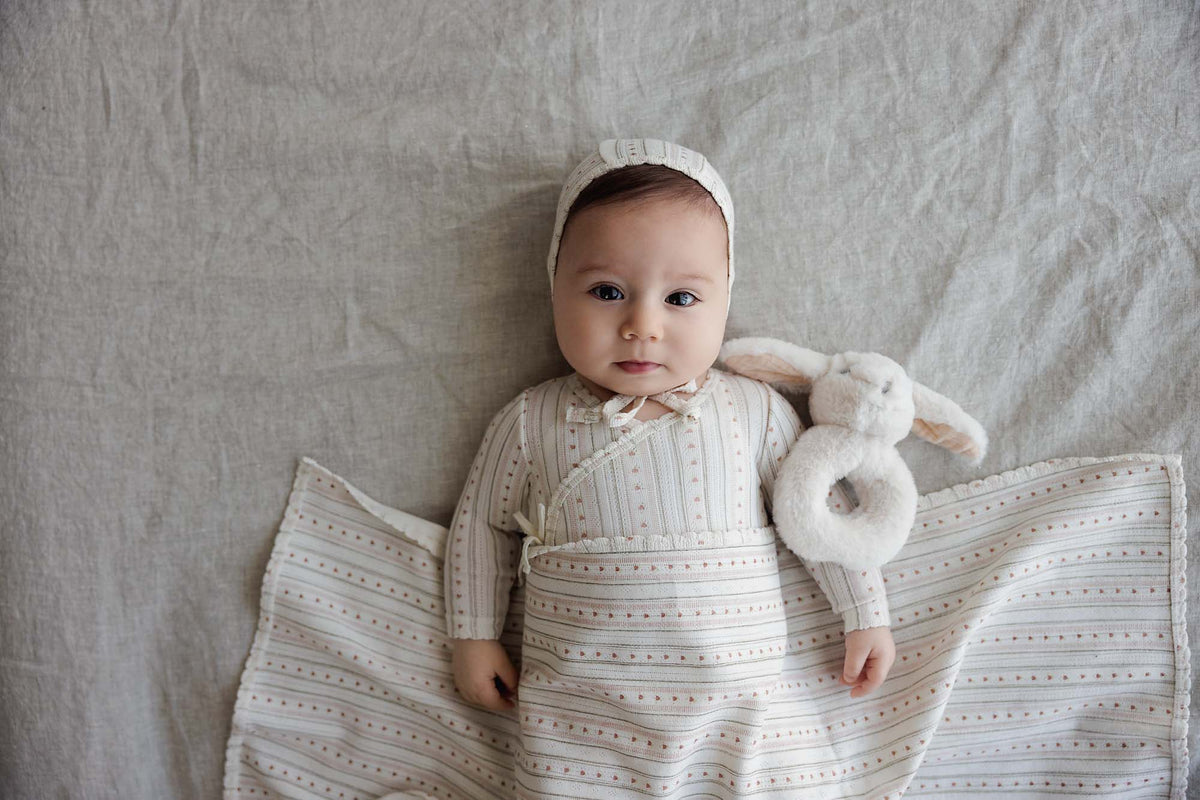 Linear Print Layette Set - Cream/Pink