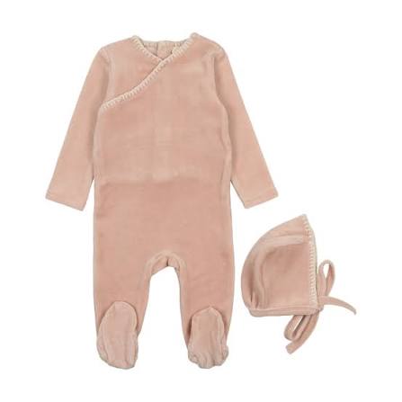 Velour Footie W/ Embroidered + Bonnet - Blush