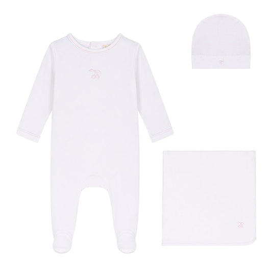 Eyelet Cherry Footie, Hat, Blanket - White Girl