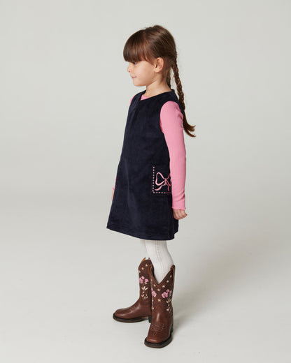 Corduroy Embroidered Dress - Navy