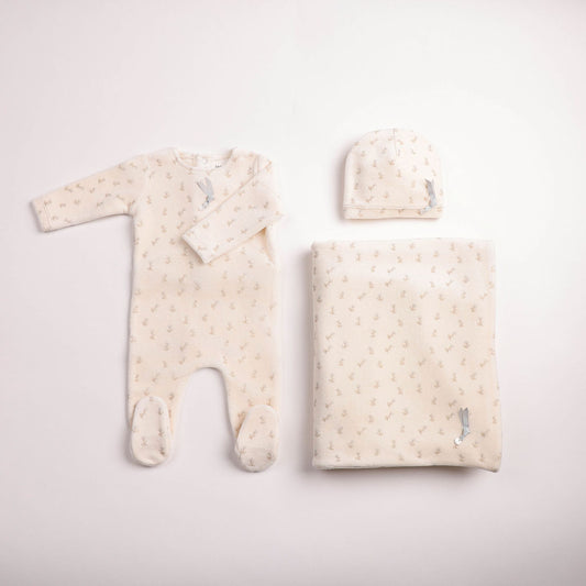 Blossoms Print Velour 3pc Set - Linen Boys
