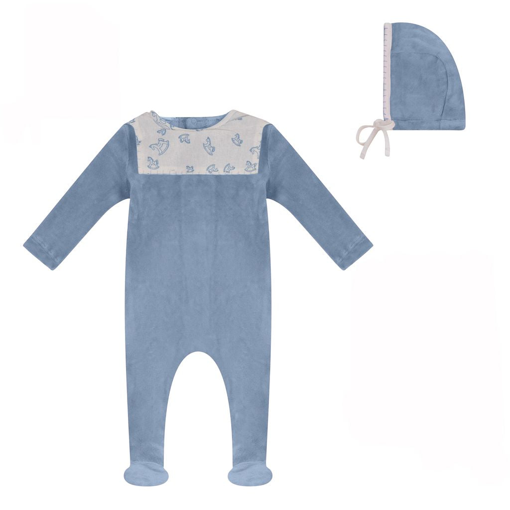 Horse Bib Velour, Footie And Bonnet - Dark Blue