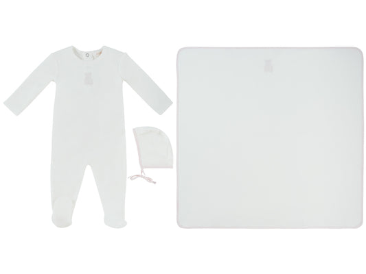 Petit Ours Footie, Hat and Blanket Set - White Pink