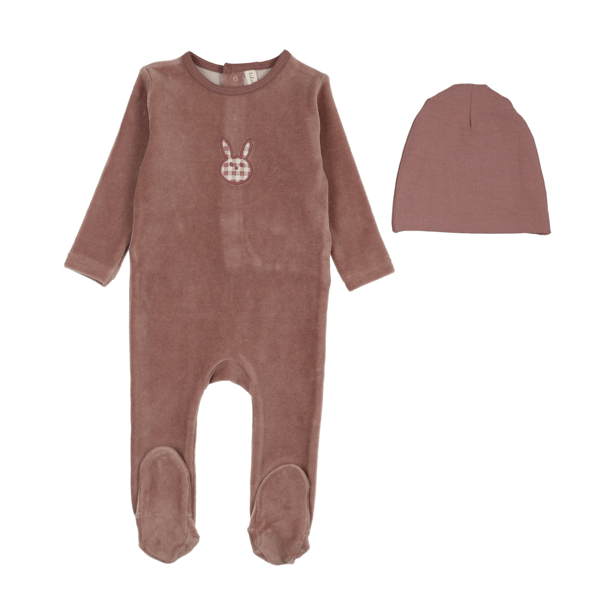 Velour Gingham Bunny Footie - Mauve
