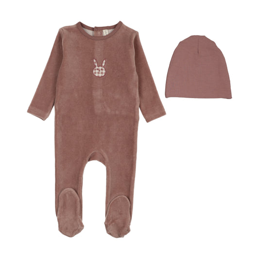 Velour Gingham Bunny Footie - Mauve