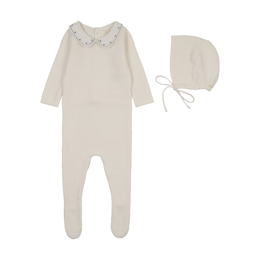 Embroidered Knit Collar Footie Set - Cream/Blue