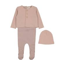 Striped Collared Footie/Cardigan + Beanie - Rose