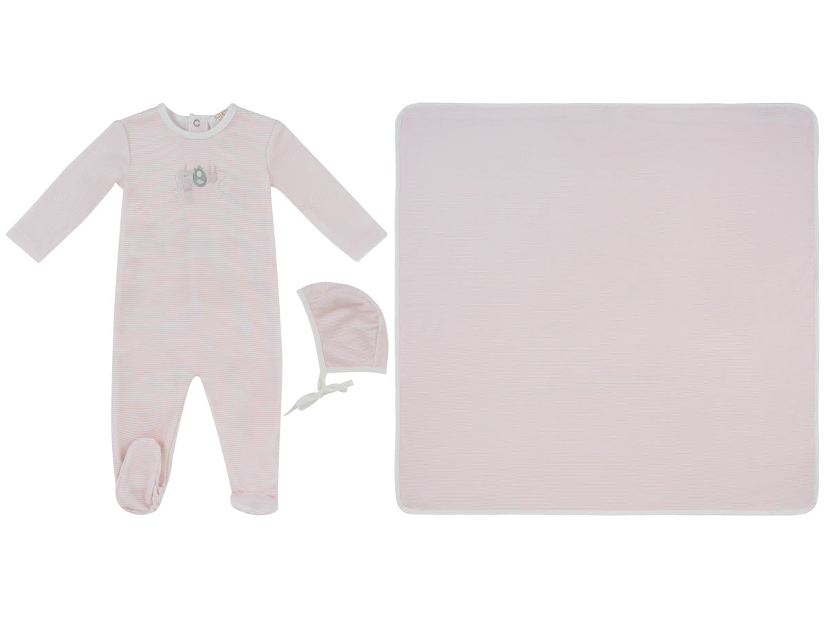 Bunny Stripe Footie, Hat & Blanket Set - Pink