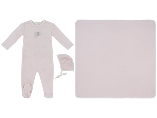 Bunny Stripe Footie, Hat & Blanket Set - Pink