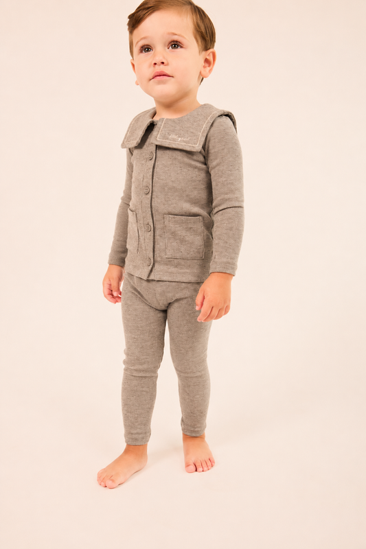 Embroidered Collar Cardigan Set - Grey