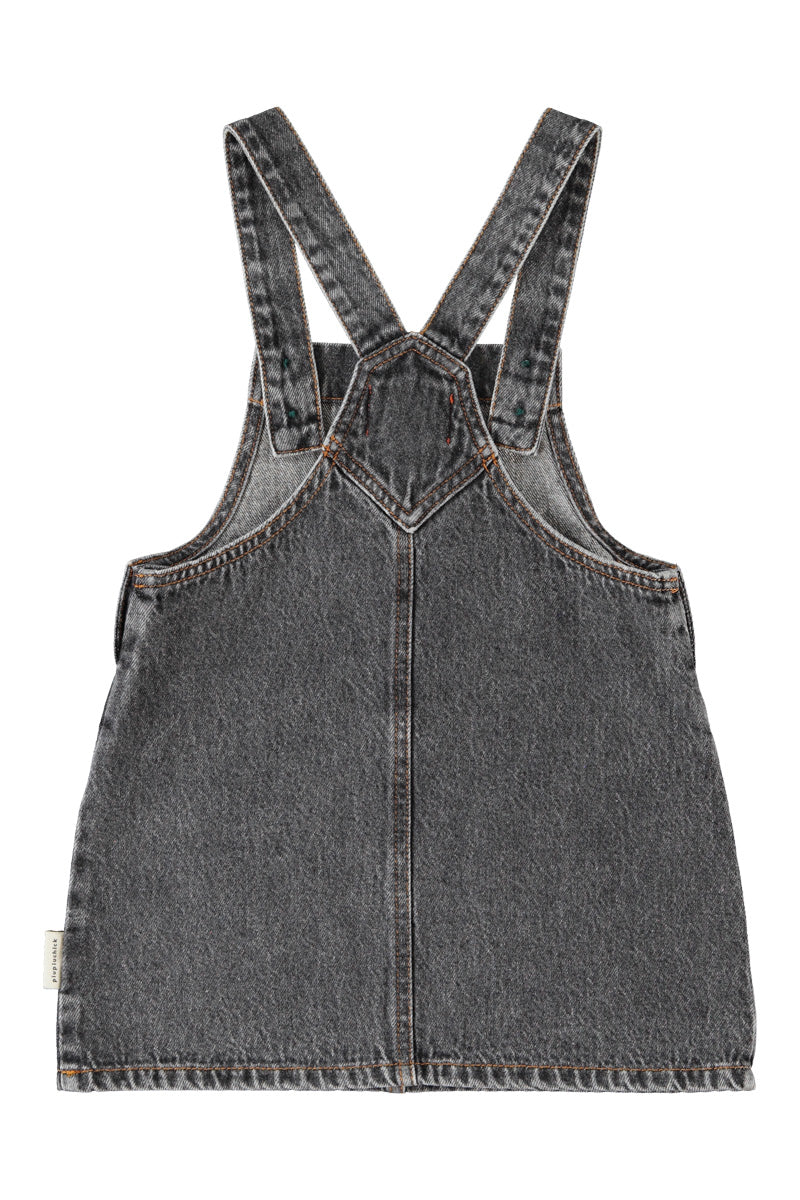 Knee Length Dress W/ Straps (MN2615) - Washed Black Denim W/ Apple Print