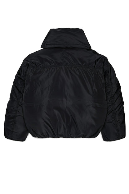 Short Puffer Jacket With Attached Scarf - Black