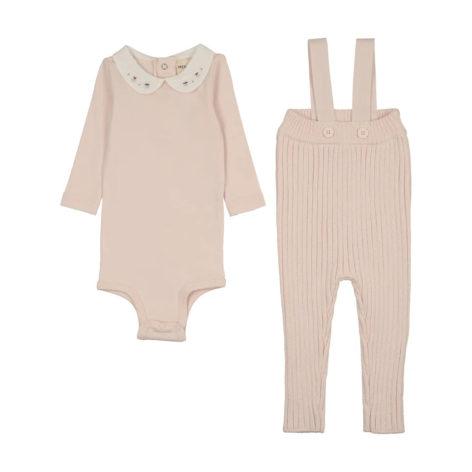 Knit Overall + Embroidered Collar Onesie Set - Blush