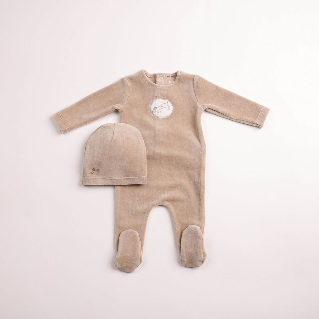 Birdie Branch Velour Footie And Bonnet - Oat
