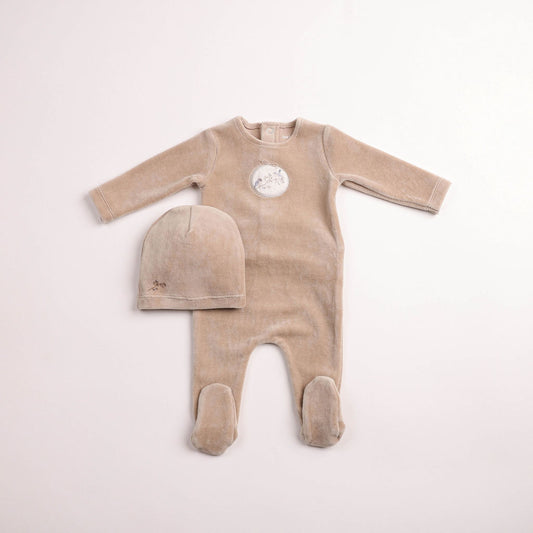 Birdie Branch Velour Footie And Bonnet - Oat