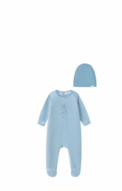 Snow Print Velour Footie/Hat - Blue