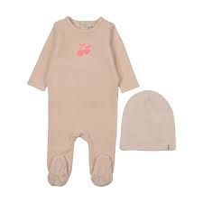 Embroidered Cherry Footie + Beanie - Pink Cherry