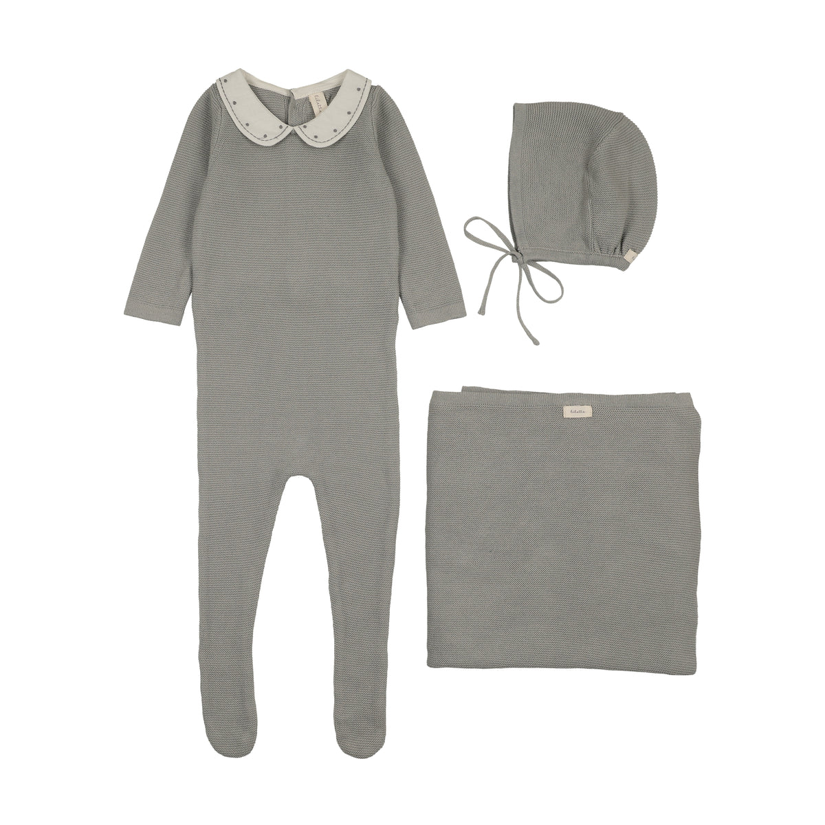 Embroidered Knit Collar Layette Set - Cream/Blue