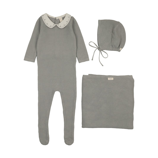 Embroidered Knit Collar Layette Set - Cream/Blue