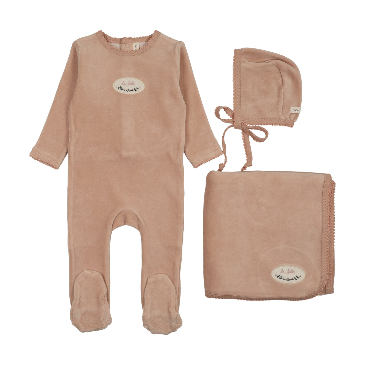 Velour Patch Layette Set - Dusty Pink