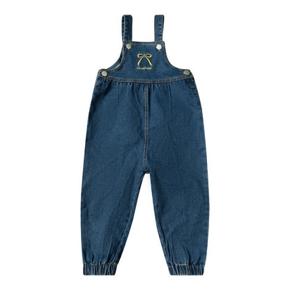Embroidered Bow Overalls-Denim