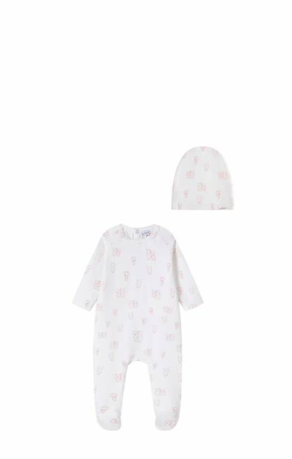 Teddy All Over Print Footie/Hat - Pink