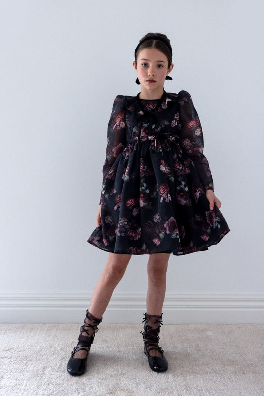 Black Floral Organza Dress - Black Floral