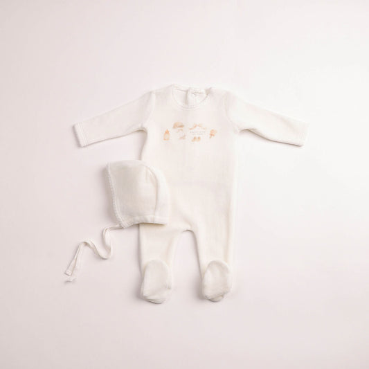 All Things Baby Velour Footie And Bonnet - Chalk White Girls