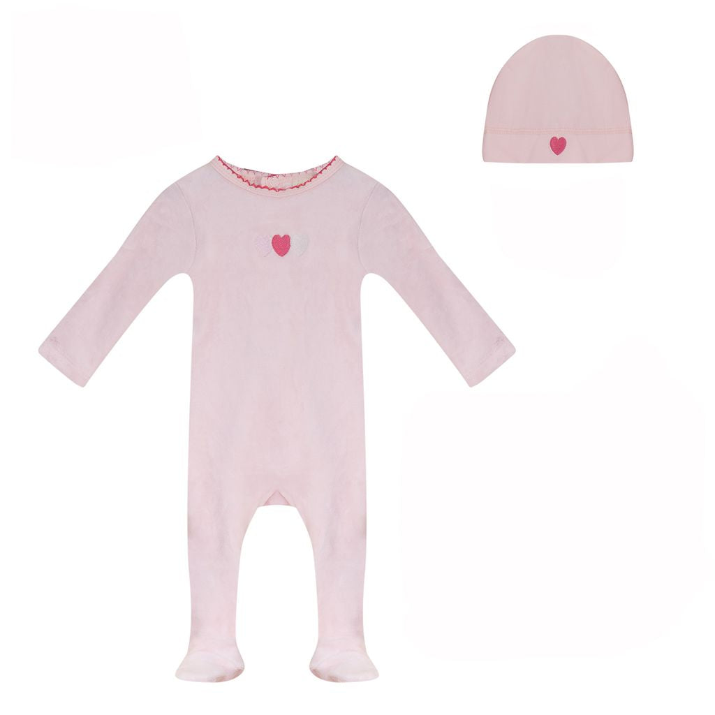 Heart Velour,  Footie And Hat - Pink