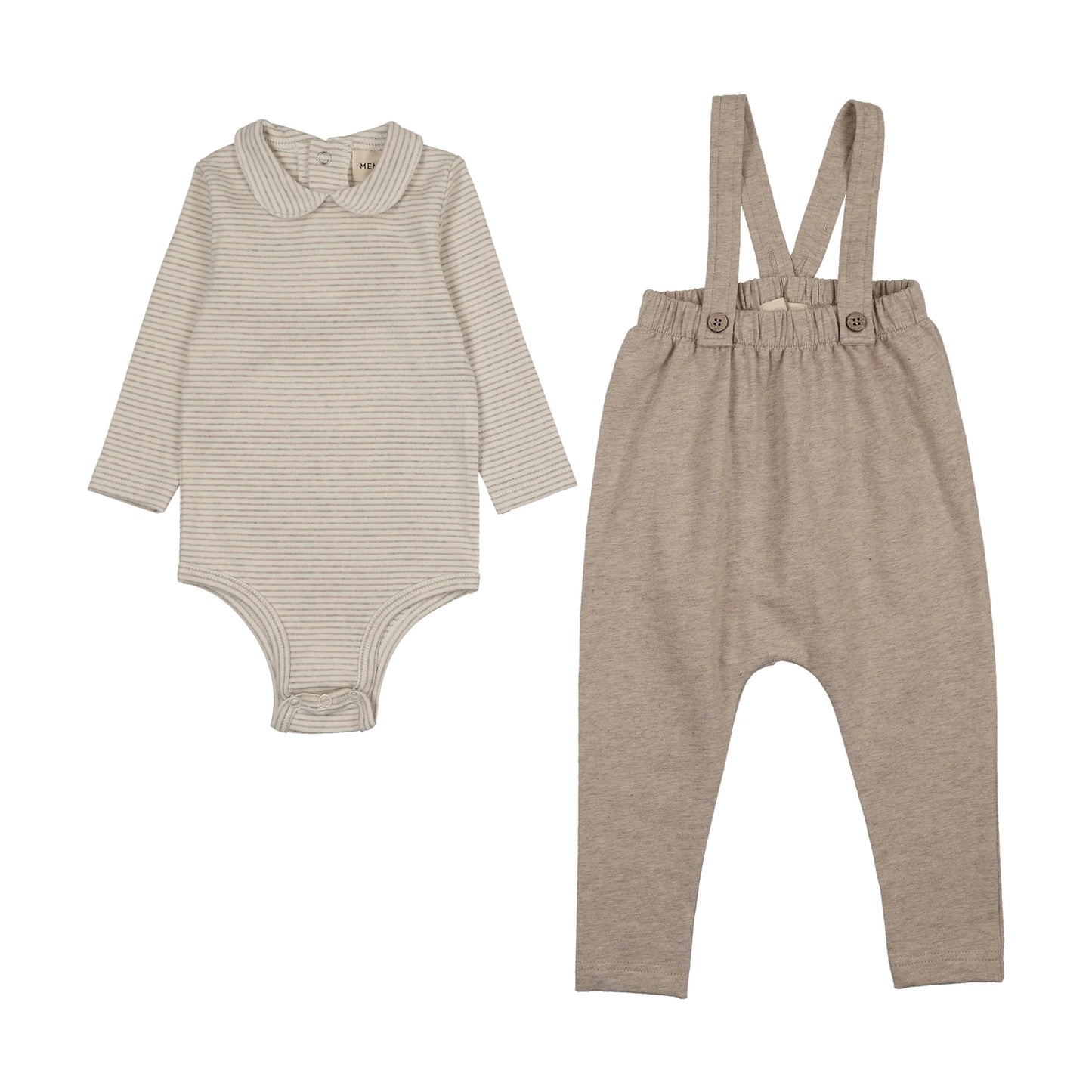 Striped Collared Onesie W/ Terry Overall Set - Beige