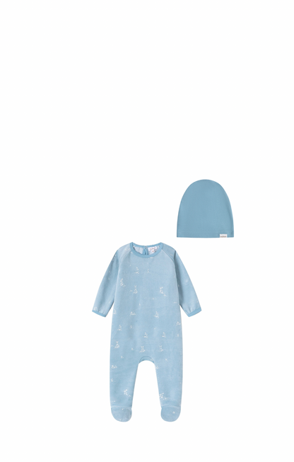 Bunny All Over Print Velour Footie/Hat - Blue