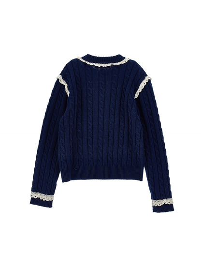 Cable Knit Sweater With Lace Trim - Navy