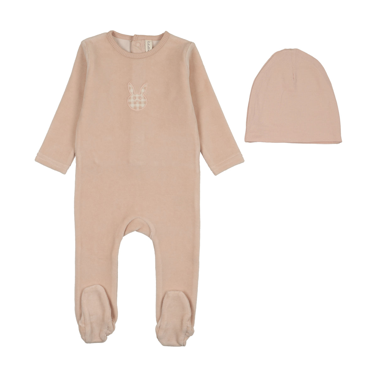 Velour Gingham Bunny Footie - Pale Pink