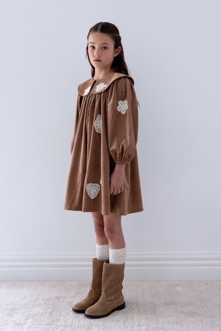 Scattered Applique Cord Dress - Caramel
