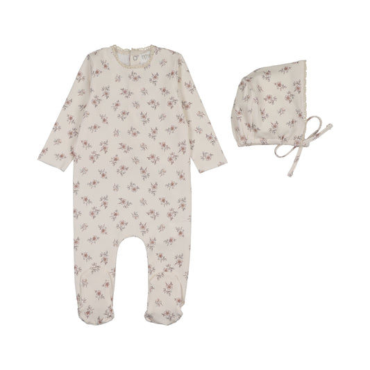 Blossom Footie + Bonnet / Crochet Trim - Rose