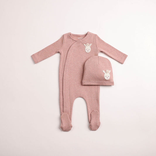 Pompom Bunny Wrap Footie And Beanie - Pink Heather