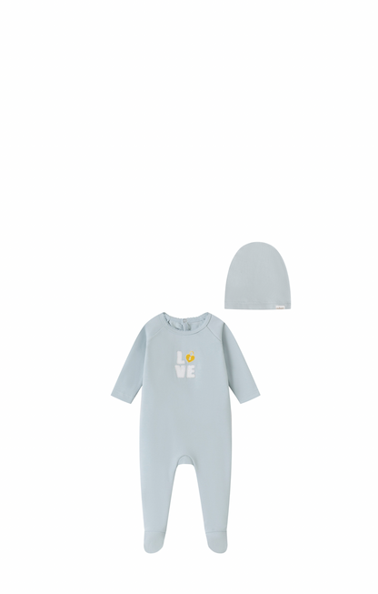Love Patchwork Footie/Hat - Blue