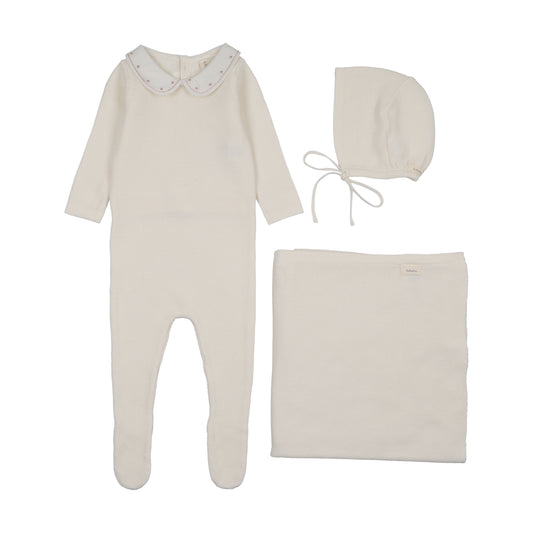 Embroidered Knit Collar Layette Set - Dusty Cream/Pink,