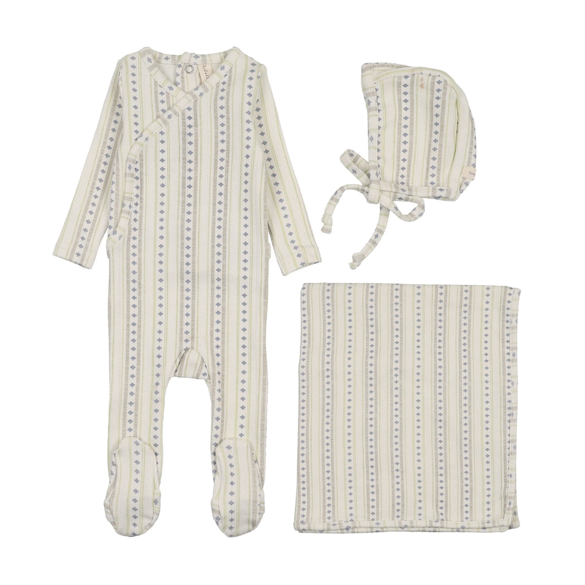 Linear Print Layette Set - Cream/Blue