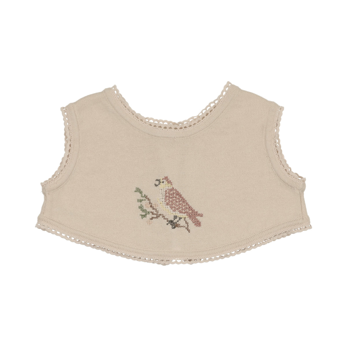 Cross Stitch Knit Overlay Bib - Stone/Rose