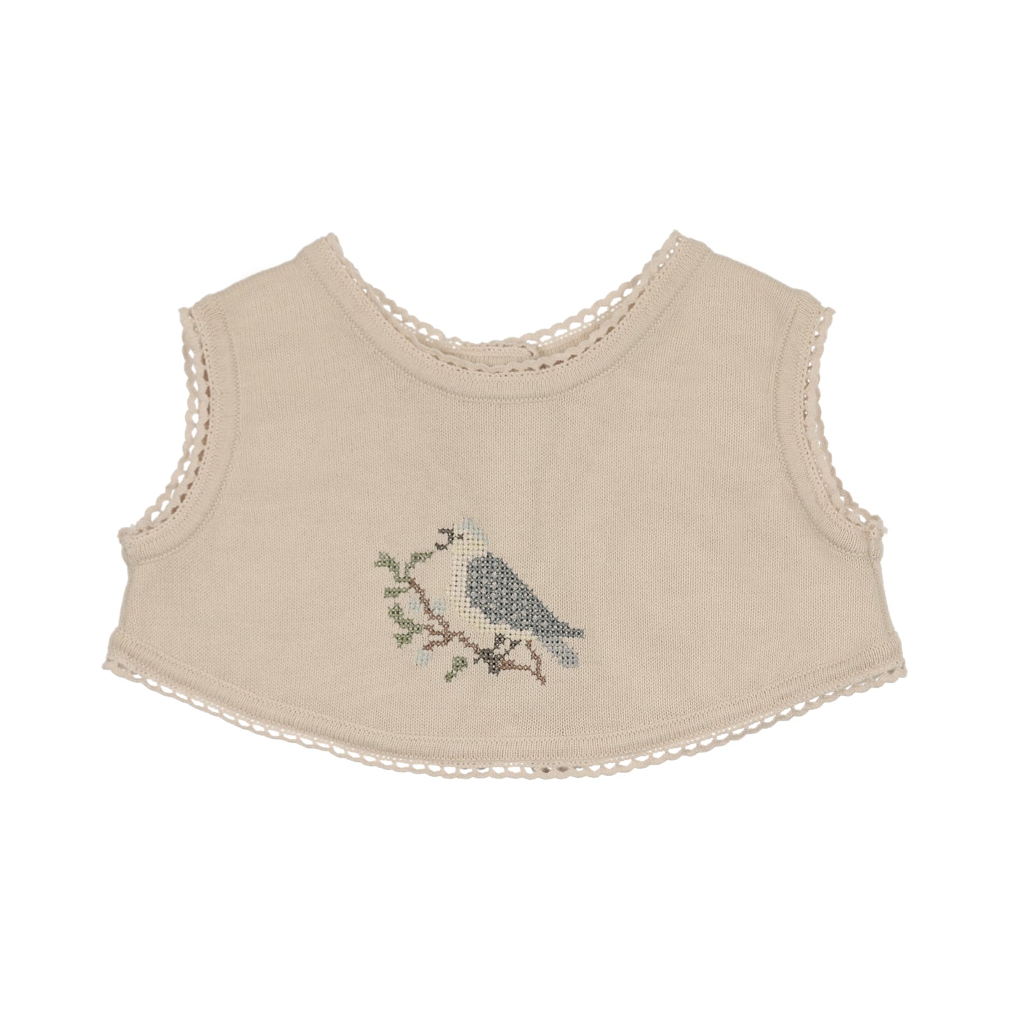 Cross Stitch Knit Overlay Bib - Stone/Blue