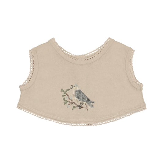 Cross Stitch Knit Overlay Bib - Stone/Blue