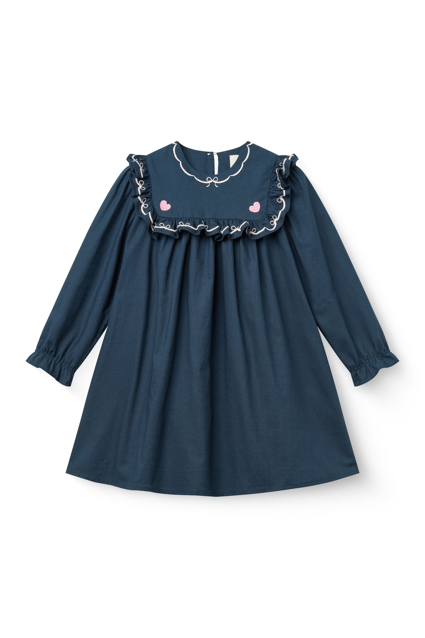 Frill And Embroidered Dress - Navy