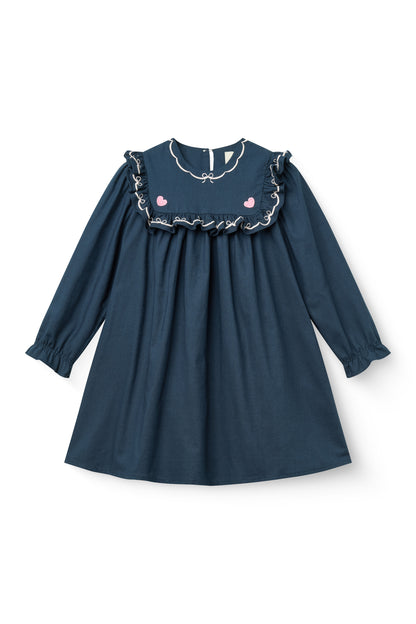 Frill And Embroidered Dress - Navy