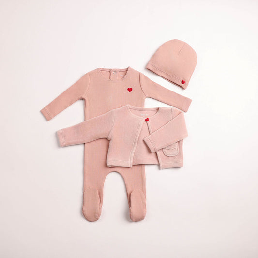 Velour Cardigan Ribbed Footie And Beanie - Caramel