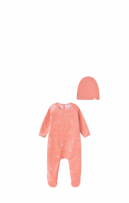 Bunny All Over Print Velour Footie/Hat - Pink