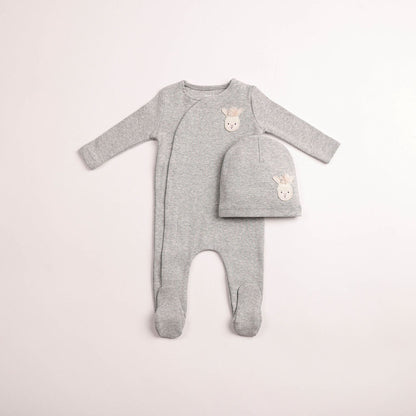 Pompom Bunny Wrap Footie And Beanie - Grey Heather