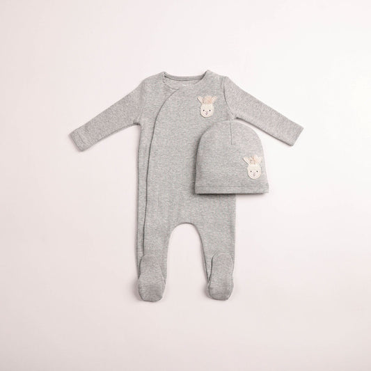 Pompom Bunny Wrap Footie And Beanie - Grey Heather