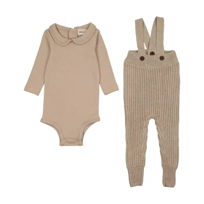 Knit Overall + Embroidered Collar Onesie Set - Sand