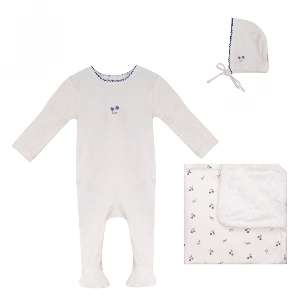 Bud  Velour, Footie,  Bonnet, Blanket - White Boy